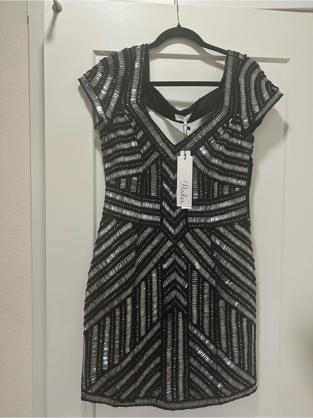 NWT Caroline Constas Black Silk dress with silver breading. Strappy open back. M